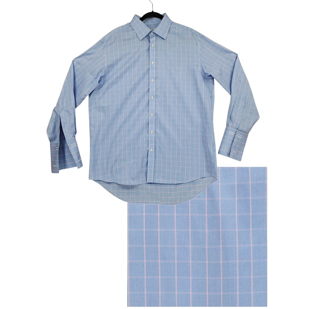 Charles Tyrwhitt Dress Shirt 17/35 Men Blue Pink Glen Plaid Non Iron French Cuff